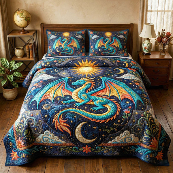 Sun Moon Dragon quilted 3-piece bedding set on a made bed with two matching pillow shams