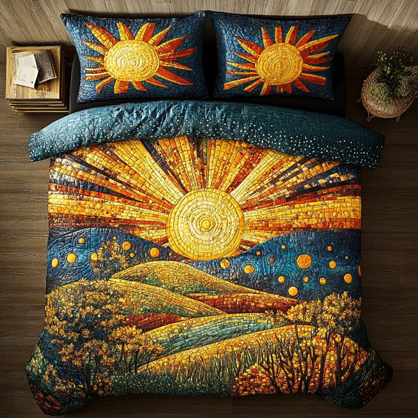 Sun Mosaic Bliss quilted 3-piece bedding set on a made bed with two matching pillow shams