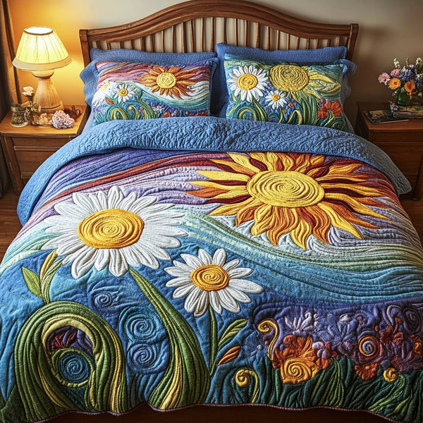 Sun Petals quilted 3-piece bedding set on a made bed with two matching pillow shams