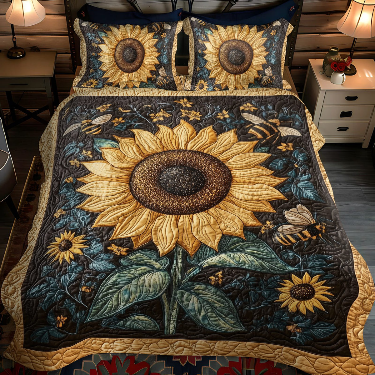 Sun Spark quilted 3-piece bedding set on a made bed with two matching pillow shams