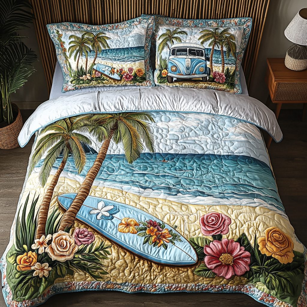 Sun Surf quilted 3-piece bedding set on a made bed in a light coastal bedroom
