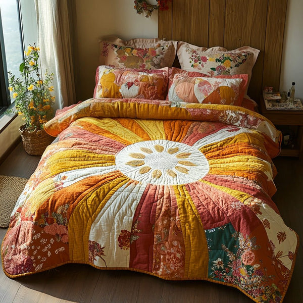 Sun Vibes quilted 3-piece bedding set on a made bed with two matching pillow shams