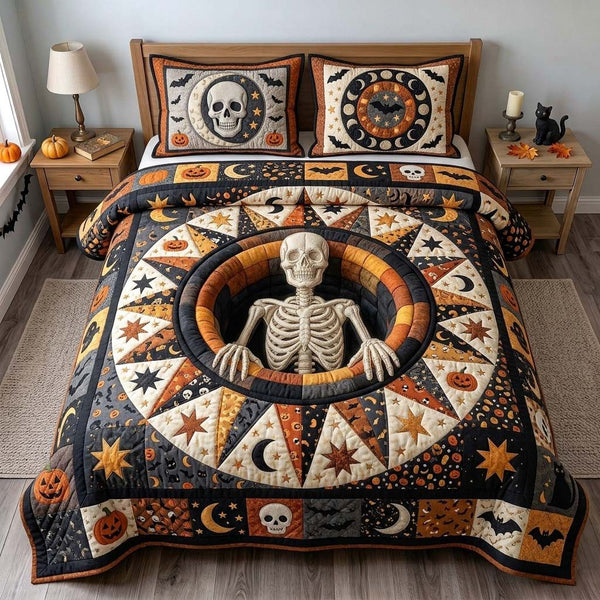 Sun Wheel Skeleton quilted 3-piece bedding set on a made bed against a dark styled interior