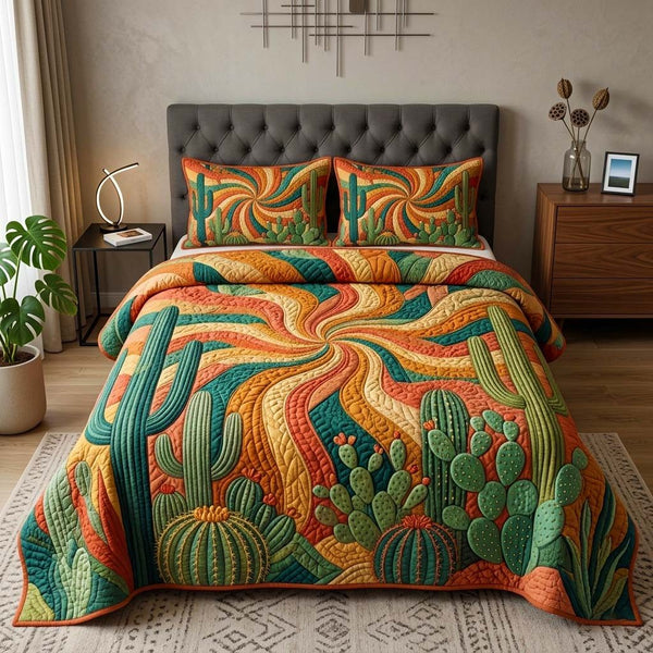 Sunbeam Cactus quilted 3-piece bedding set on a made bed with two matching pillow shams