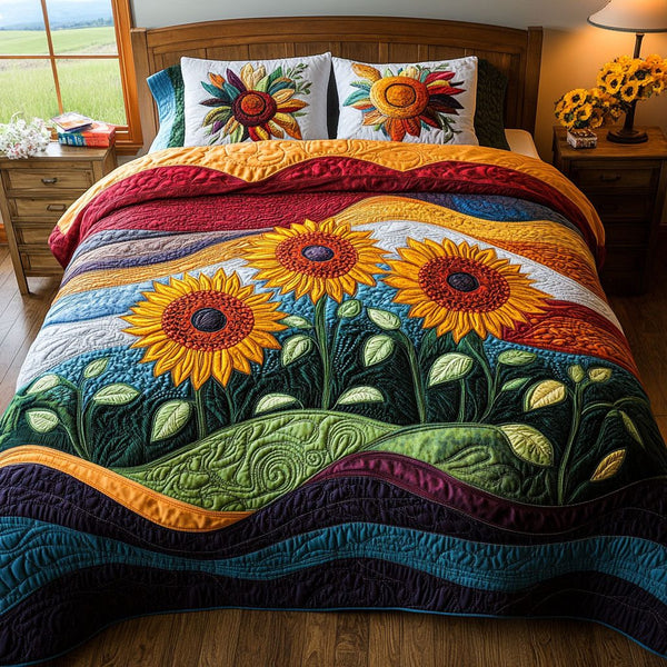 Sunbeam Charm quilted 3-piece bedding set on a made bed with two matching pillow shams