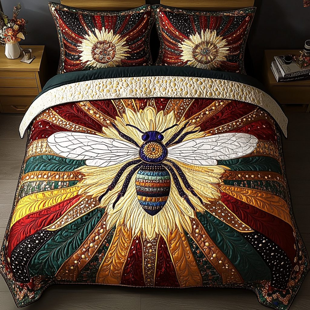 Sunbeam Honeybee quilted 3-piece bedding set on a made bed with two matching pillow shams