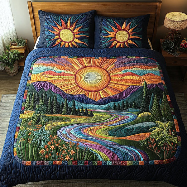 Sunbeam Serenity quilted 3-piece bedding set on a made bed with two matching pillow shams