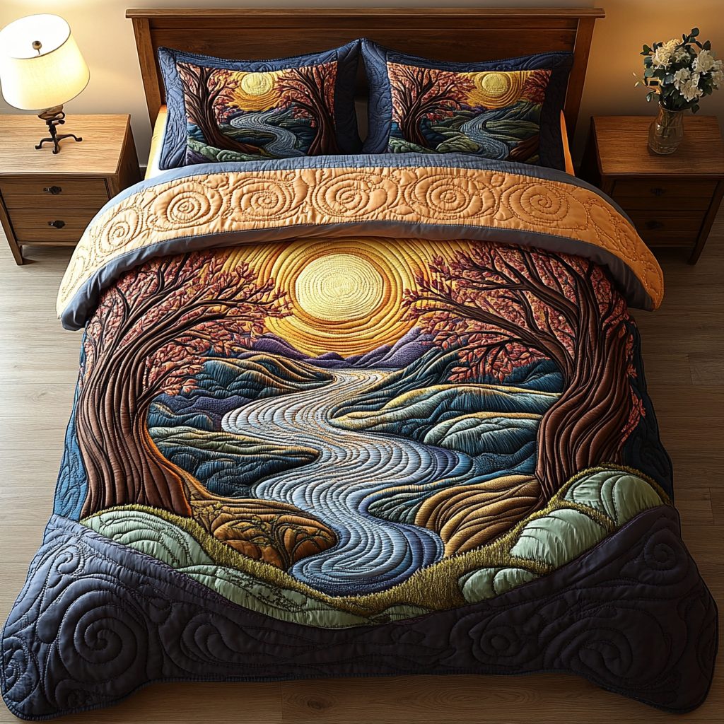 Sunbeam Serenity quilted 3-piece bedding set on a made bed with two matching pillow shams