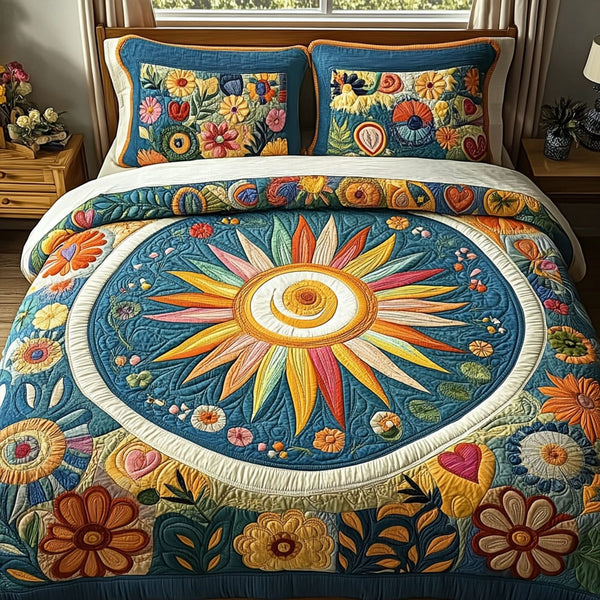 Sunbeam Soul quilted 3-piece bedding set on a made bed with two matching pillow shams