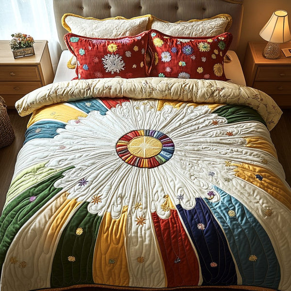 Sunbeam Splendor quilted 3-piece bedding set on a made bed with two matching pillow shams