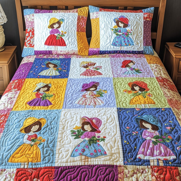 Sunbonnet Sue Patchwork quilted 3-piece bedding set on a made bed in a farmhouse bedroom