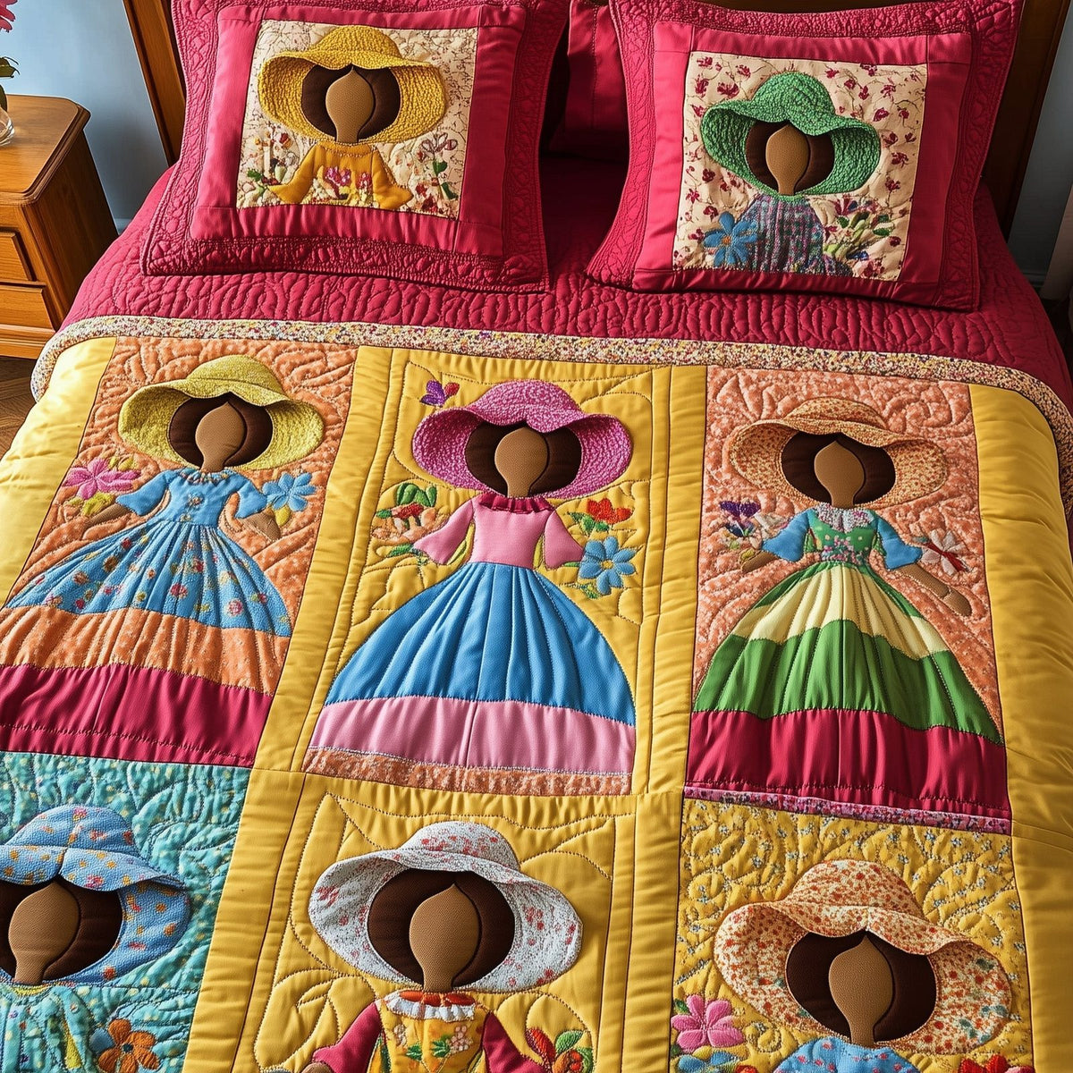 SunBonnet Sue quilted 3-piece bedding set on a made bed with two matching pillow shams