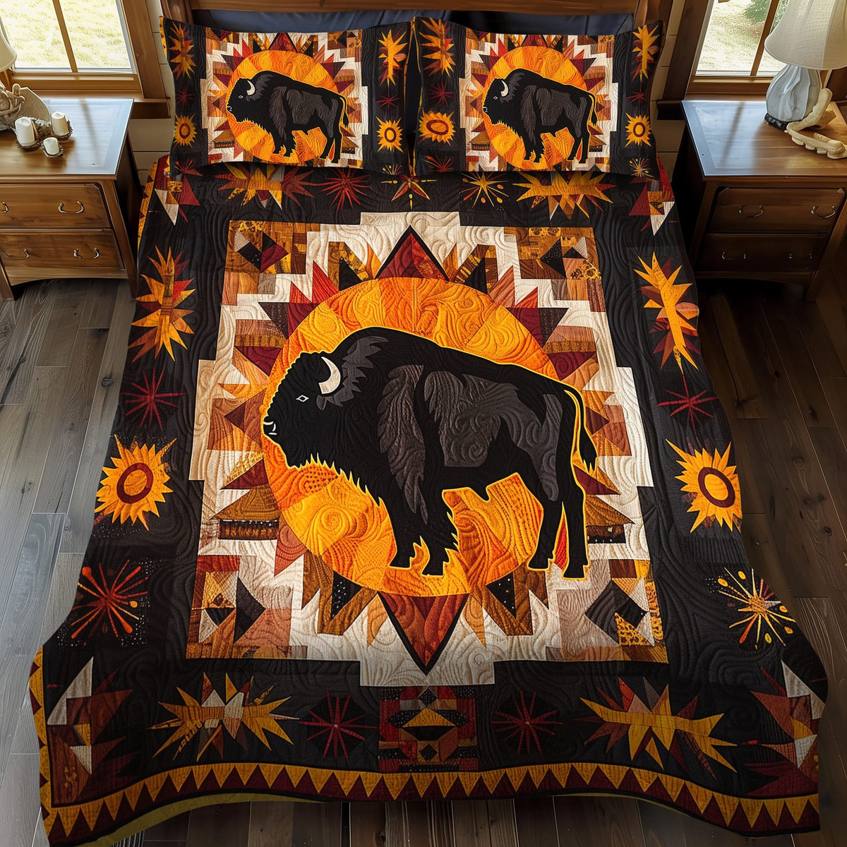 Sunburst Bison quilted 3-piece bedding set on a made bed in a rustic timber bedroom
