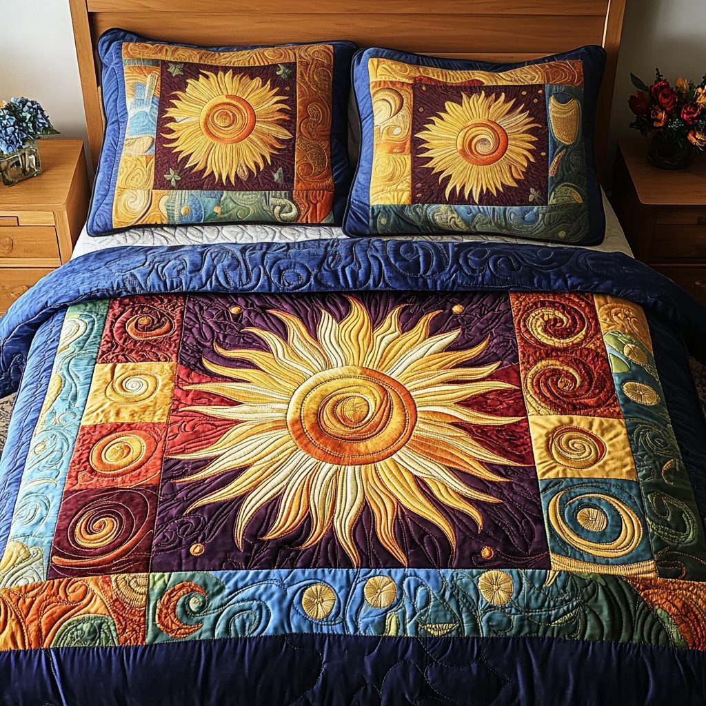 Sunburst Bliss quilted 3-piece bedding set on a made bed with two matching pillow shams