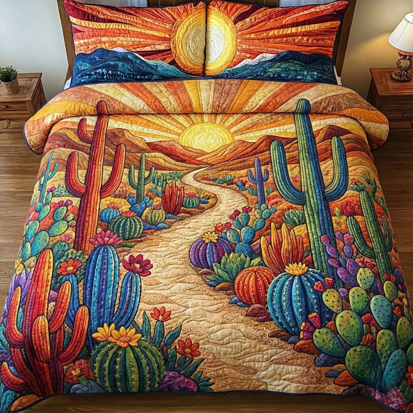 Sunburst Cactus quilted 3-piece bedding set on a made bed with two matching pillow shams