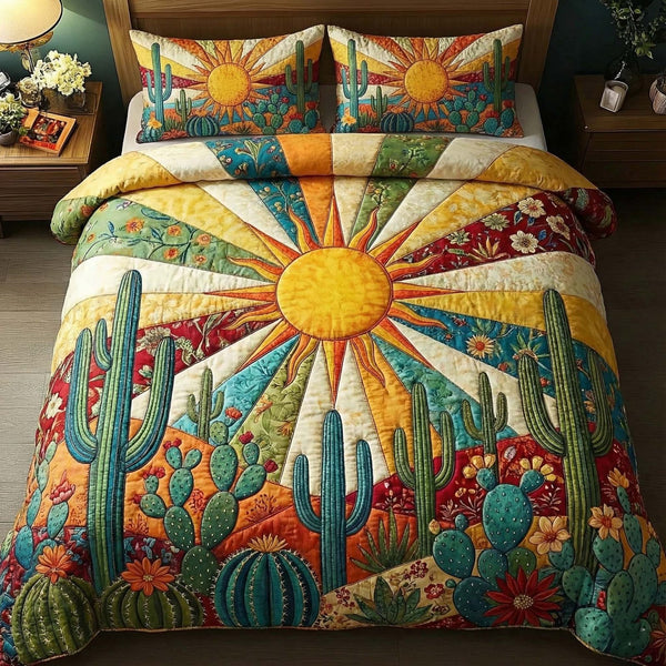 Sunburst Cactus quilted 3-piece bedding set on a made bed with two matching pillow shams