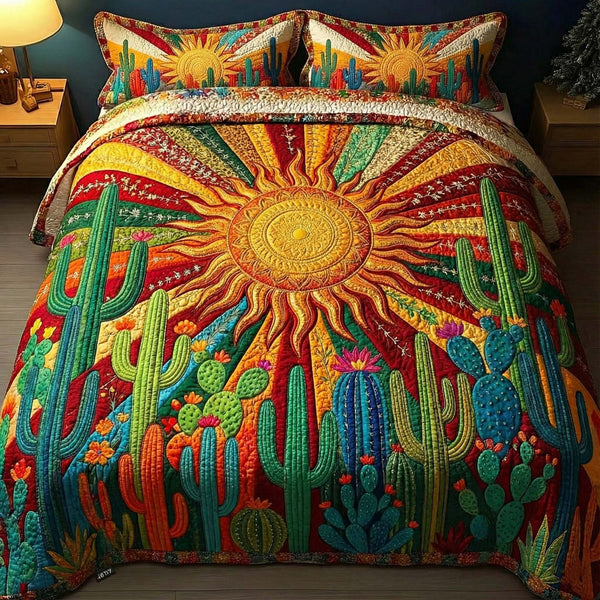 Sunburst Cactus quilted 3-piece bedding set on a made bed with two matching pillow shams