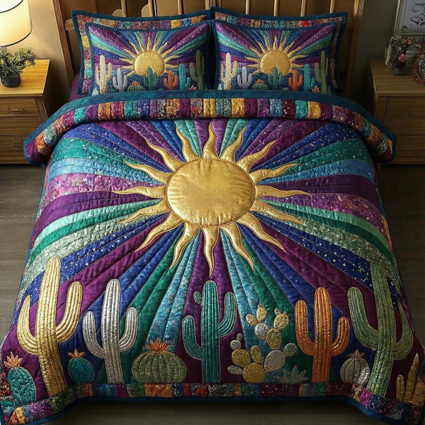 Sunburst Cactus quilted 3-piece bedding set on a made bed with two matching pillow shams