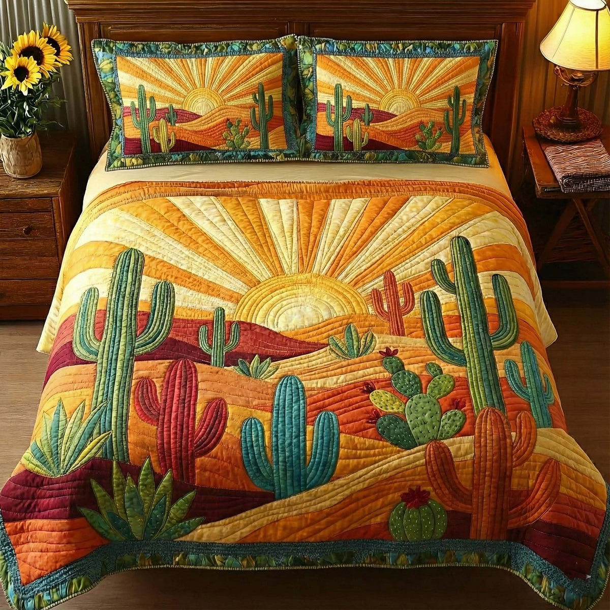 Sunburst Cactus quilted 3-piece bedding set on a made bed with two matching pillow shams
