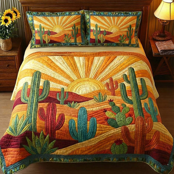 Sunburst Cactus quilted 3-piece bedding set on a made bed with two matching pillow shams