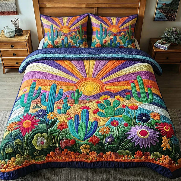 Sunburst Cactus quilted 3-piece bedding set on a made bed with two matching pillow shams