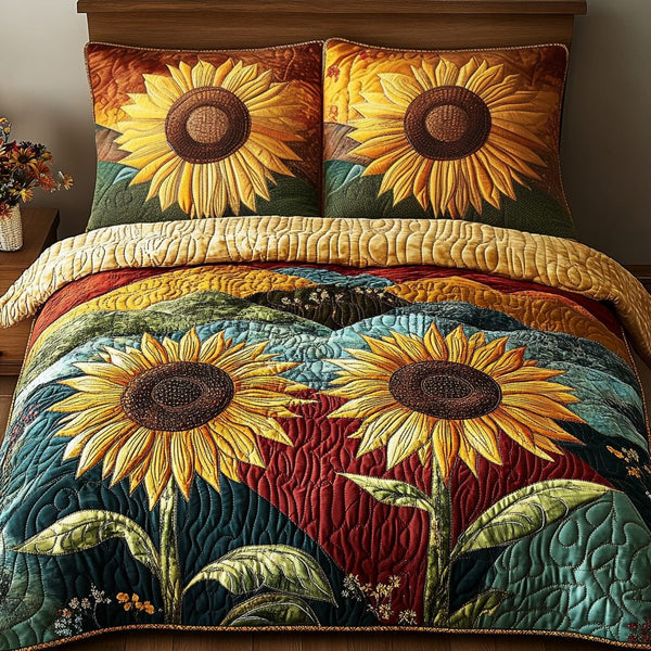 Sunburst Charm quilted 3-piece bedding set on a made bed with two matching pillow shams