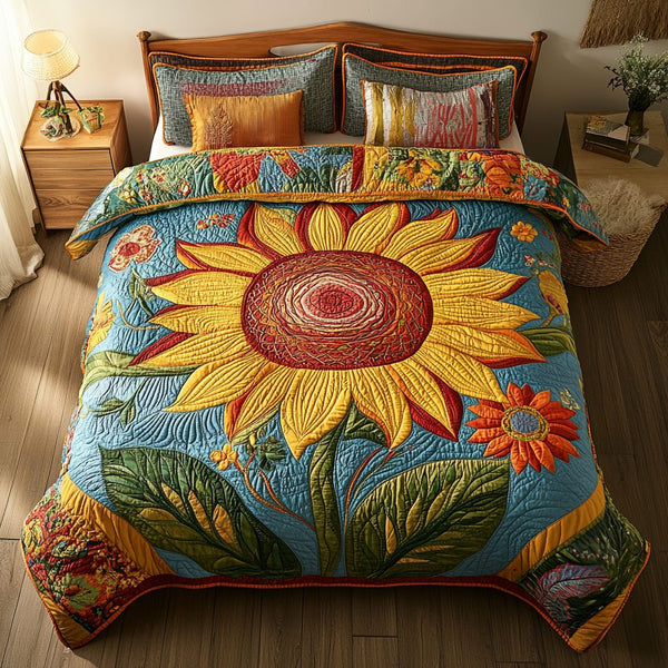Sunburst Charm quilted 3-piece bedding set on a made bed with two matching pillow shams