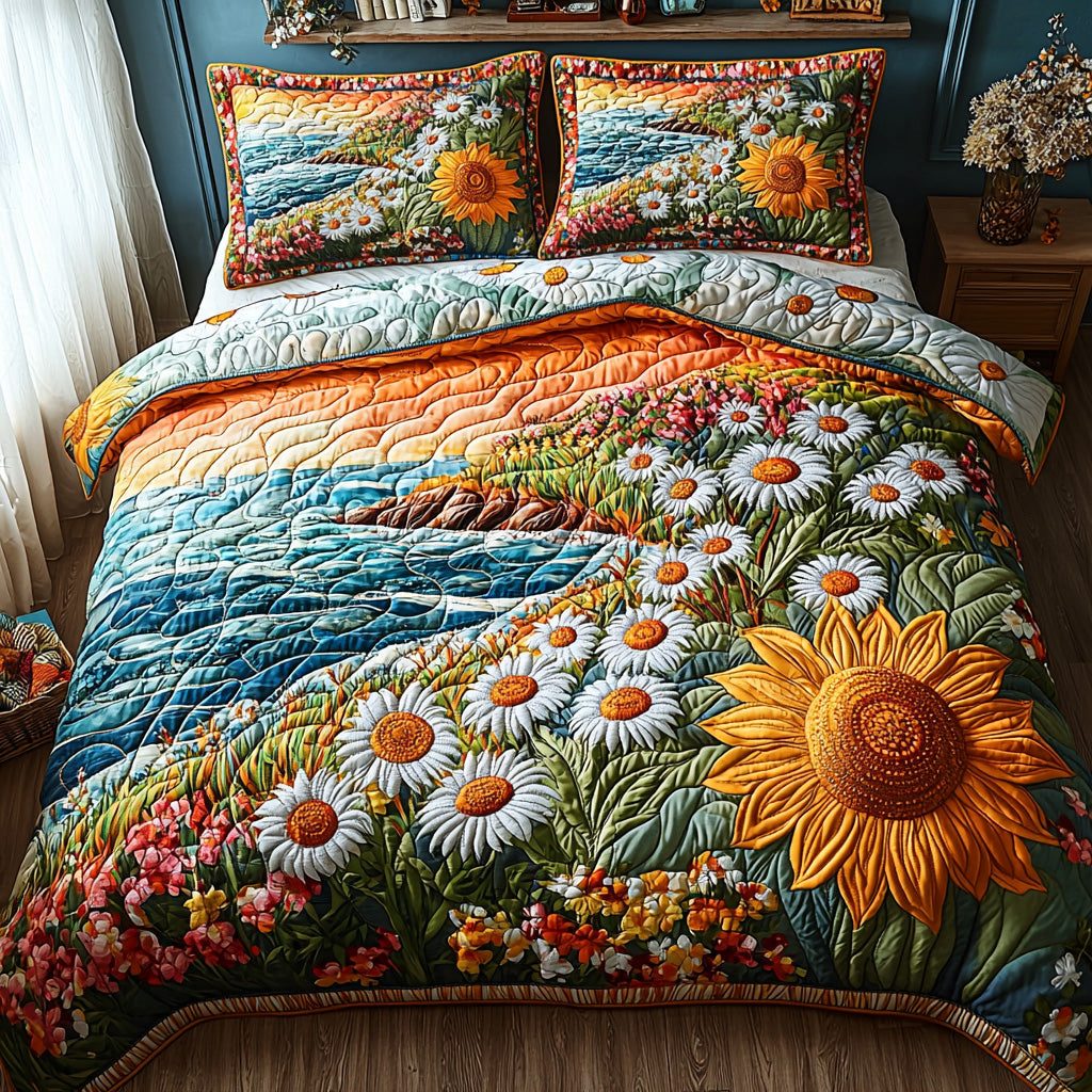 Sunburst Coast quilted 3-piece bedding set on a made bed with two matching pillow shams