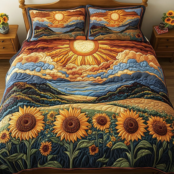 Sunburst Comfort quilted 3-piece bedding set on a made bed with two matching pillow shams