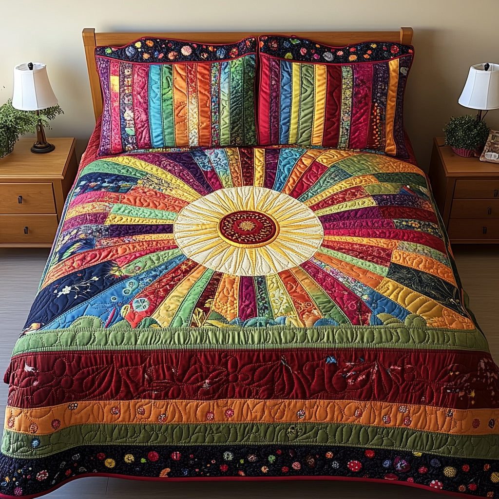 Sunburst Comfort quilted 3-piece bedding set on a made bed with two matching pillow shams