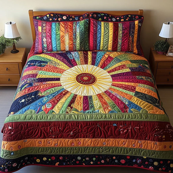 Sunburst Comfort quilted 3-piece bedding set on a made bed with two matching pillow shams
