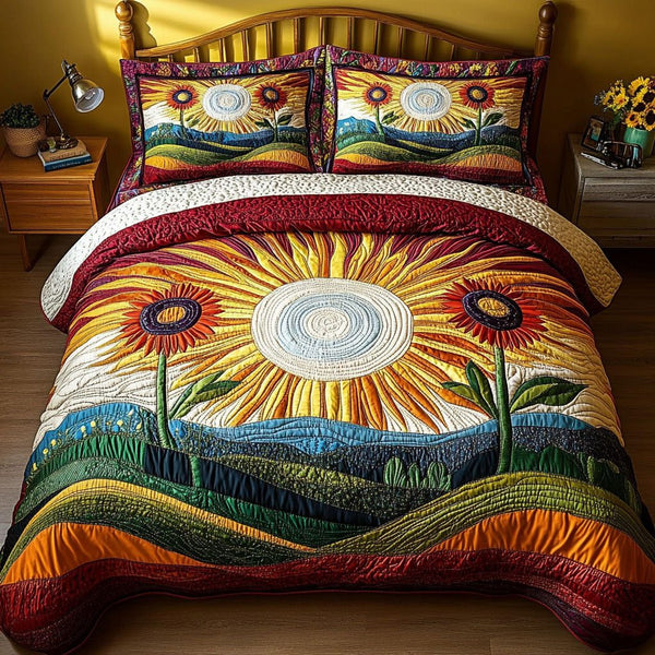 Sunburst Countryside quilted 3-piece bedding set on a made bed in a farmhouse bedroom