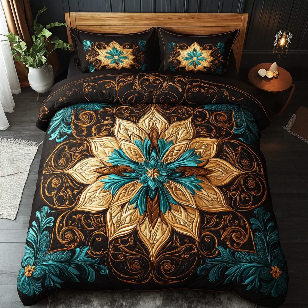 Sunburst Dream quilted 3-piece bedding set on a made bed with two matching pillow shams
