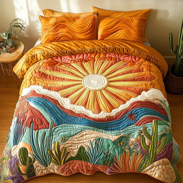 Sunburst Dream quilted 3-piece bedding set on a made bed with two matching pillow shams