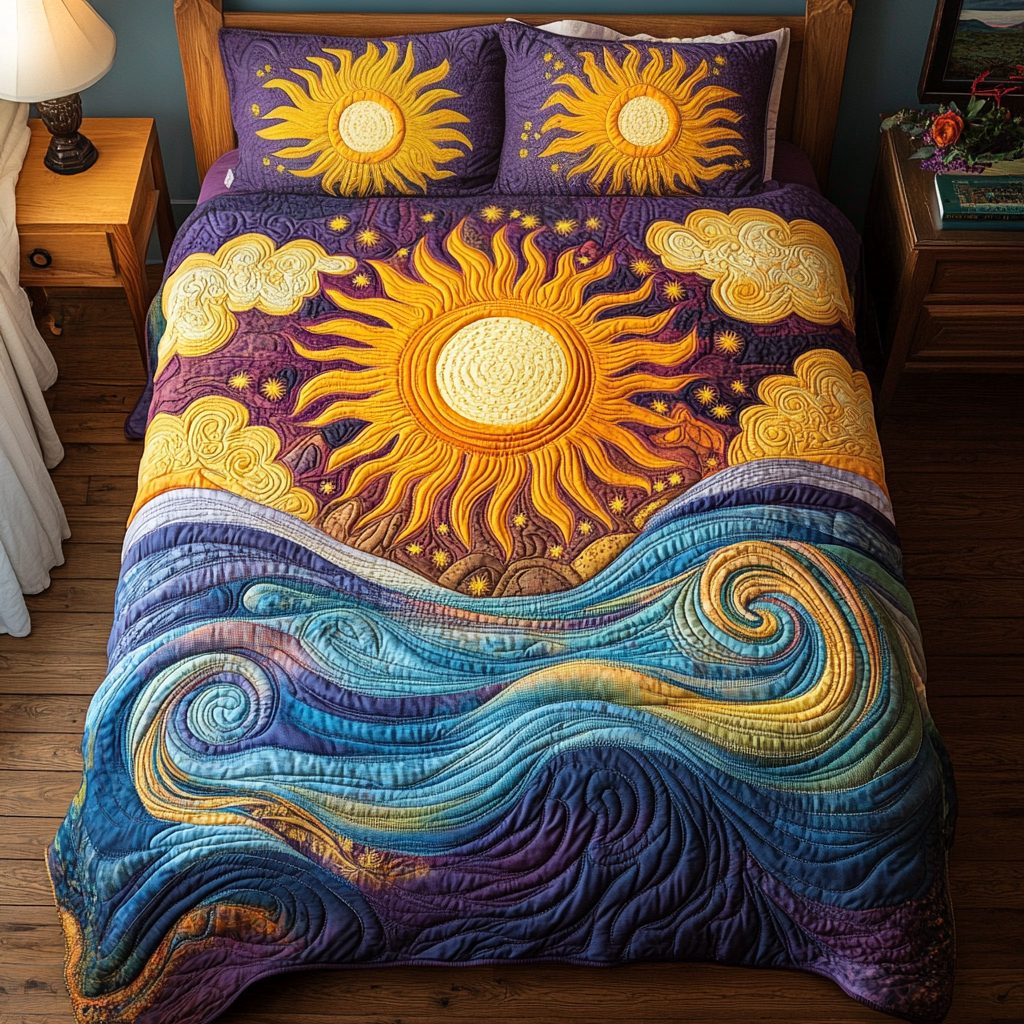 Sunburst Dreams quilted 3-piece bedding set on a made bed with two matching pillow shams