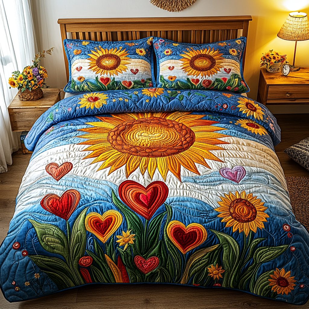 Sunburst Dreams quilted 3-piece bedding set on a made bed with two matching pillow shams