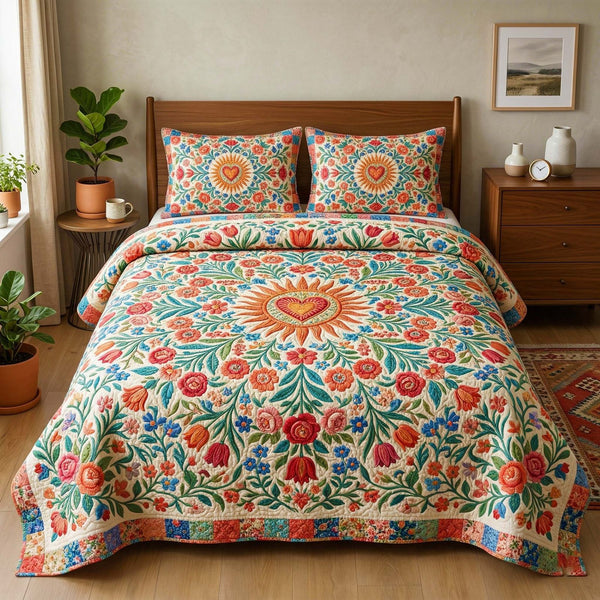 Sunburst Floral quilted 3-piece bedding set on a made bed with two matching pillow shams