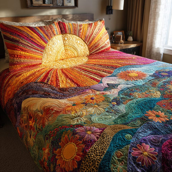 Sunburst Floral quilted 3-piece bedding set on a made bed with two matching pillow shams