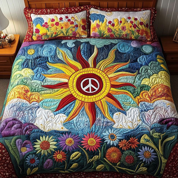 Sunburst Harmony quilted 3-piece bedding set on a made bed with two matching pillow shams