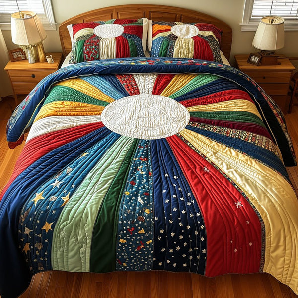 Sunburst Haven quilted 3-piece bedding set on a made bed with two matching pillow shams