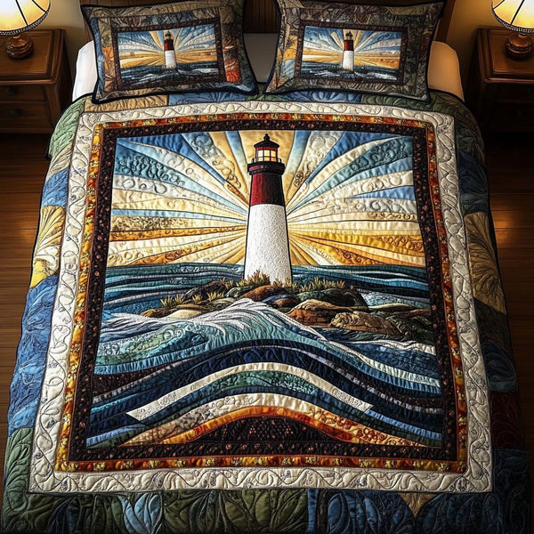 Sunburst Lighthouse Waves quilted 3-piece bedding set on a made bed in a light coastal bedroom