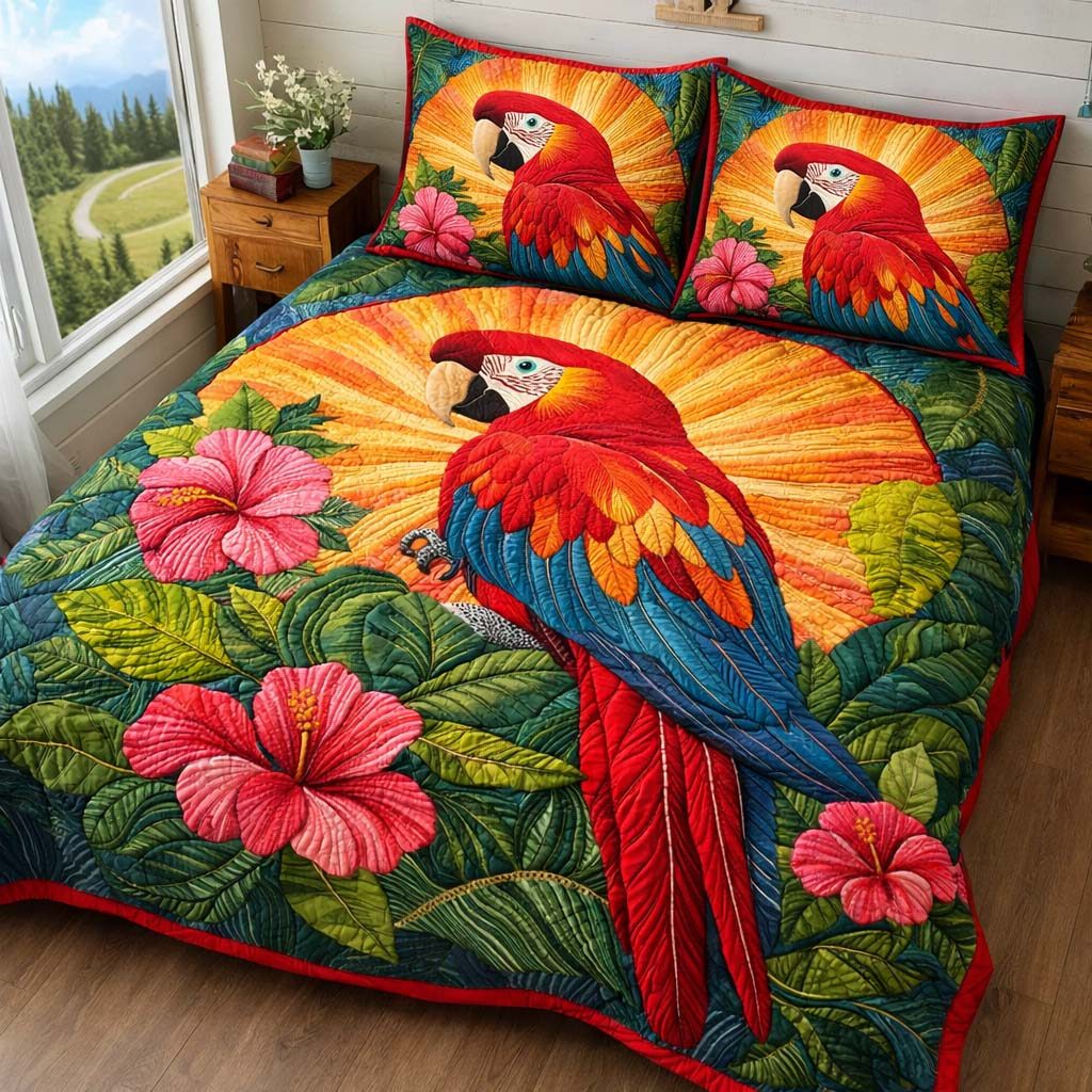 Sunburst Macaw quilted 3-piece bedding set on a made bed with two matching pillow shams