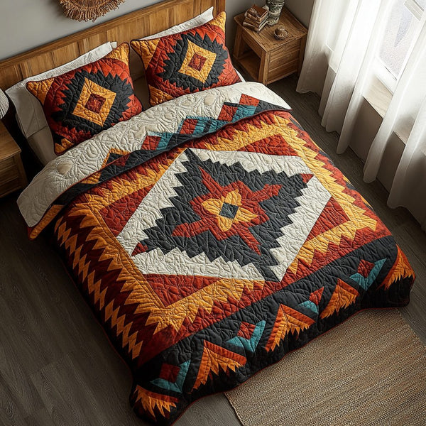 Sunburst Nomad quilted 3-piece bedding set on a made bed with two matching pillow shams