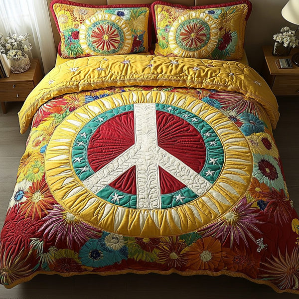 Sunburst Peace quilted 3-piece bedding set on a made bed with two matching pillow shams