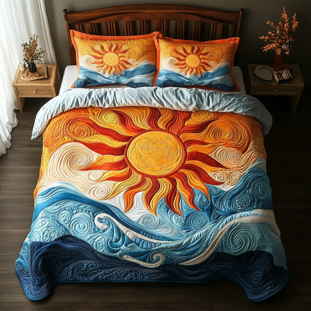 Sunburst Waves quilted 3-piece bedding set on a made bed in a light coastal bedroom