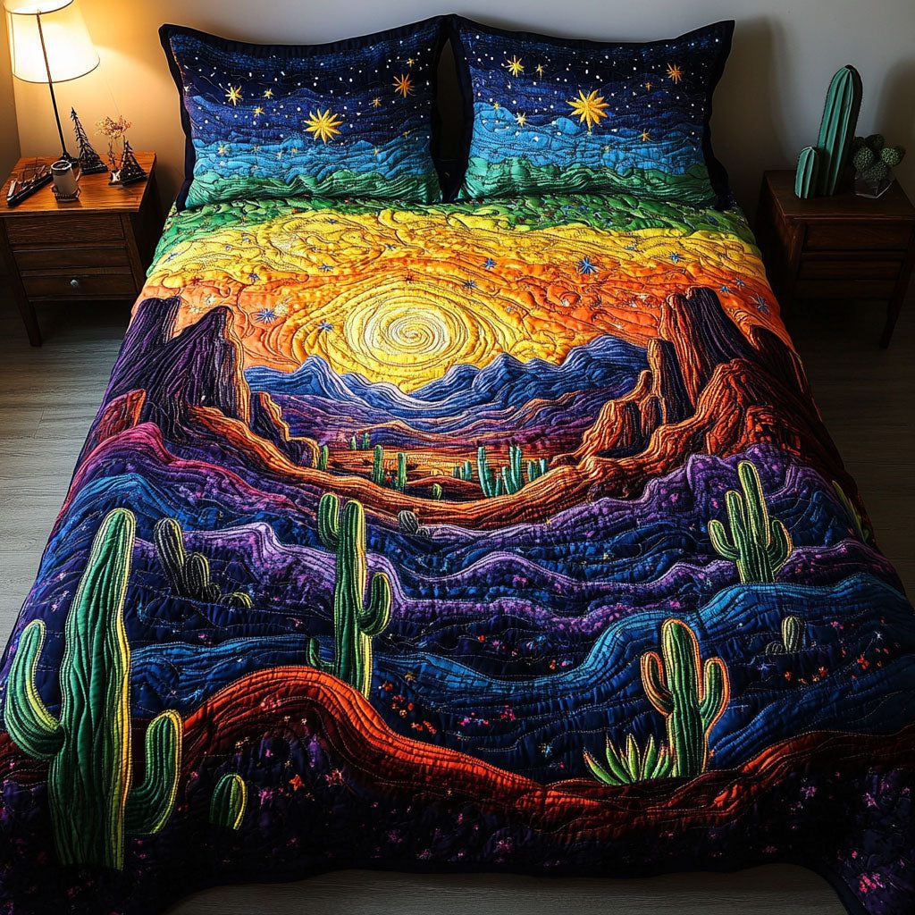Sundown Desert quilted 3-piece bedding set on a made bed with two matching pillow shams