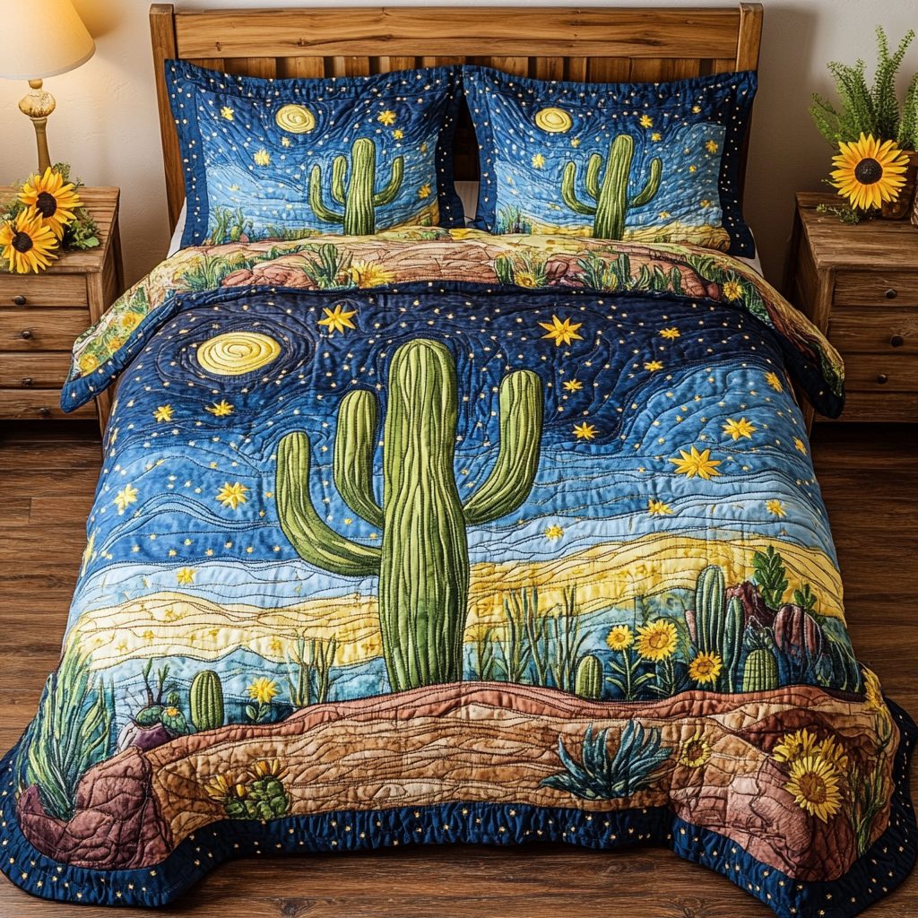 Sundown Desert quilted 3-piece bedding set on a made bed with two matching pillow shams