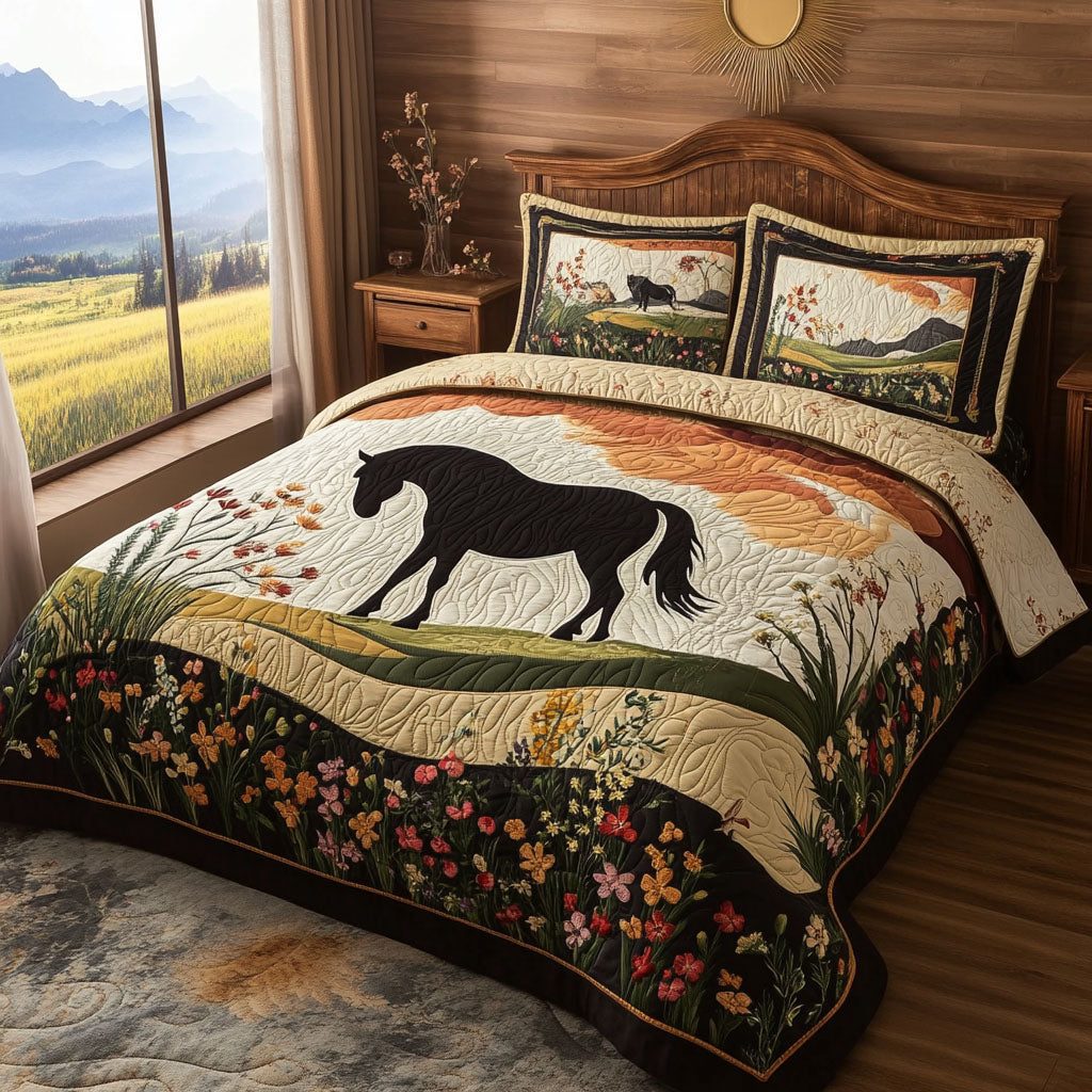 Sundown Stallion quilted 3-piece bedding set on a made bed in a rustic timber bedroom