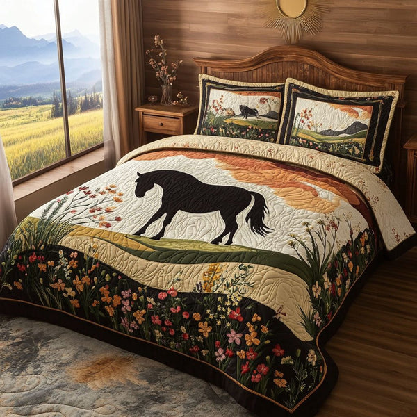 Sundown Stallion quilted 3-piece bedding set on a made bed in a rustic timber bedroom