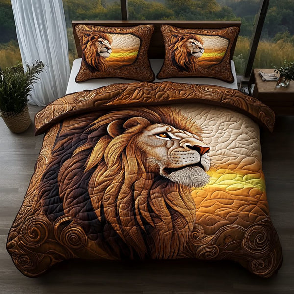 Sunfire Mane quilted 3-piece bedding set on a made bed with two matching pillow shams